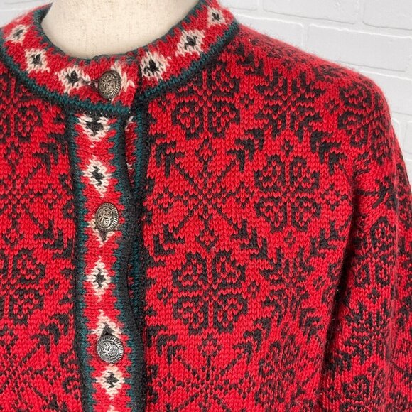 LL Bean Cardigan Women Small Regular Black Red Snowflake Merino Wool Latvia - Picture 2 of 12